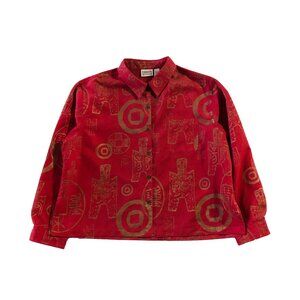 Chico's Design Sz 3 Red Long Sleeve Button Up Shirt Blazer Jacket Oriental Print